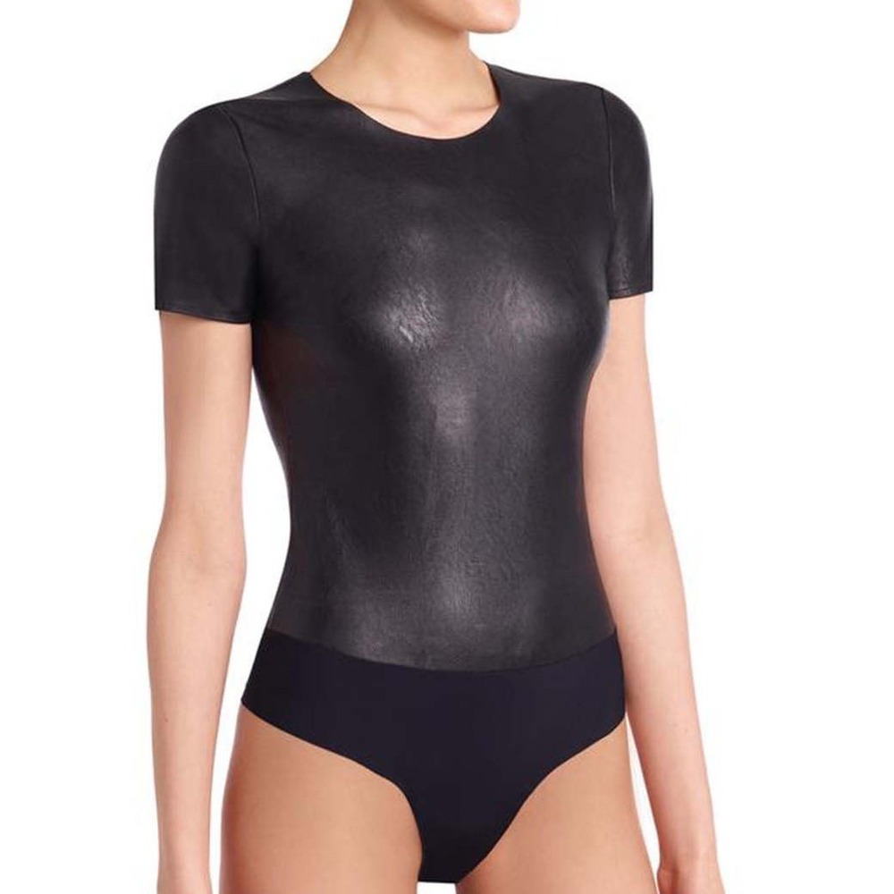 Commando Faux Leather Short Sleeve T-Shirt Bodysuit in Black | Size Medium